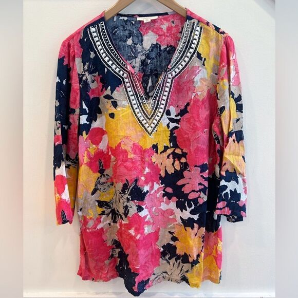Charter Club Luxury Linen Beaded Bright Floral Blouse Top - Picture 1 of 4